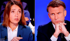 "On ressort de cet échange sans aucune annonce, pour améliorer" les salaires, les conditions de travail, les retraites ou les indemnités des "travailleurs et travailleuses", a déploré Sophie Binet, numéro un de la CGT qui était confrontée à Emmanuel Macron lors de ce débat sur TF1. ( AFP / Ludovic MARIN )