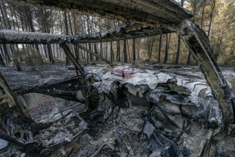 Une voiture calcinée dans une forêt après l'incendie dans l'Aude, le 9 août 2025, à Fontjoncouse ( AFP / Idriss Bigou-Gilles )