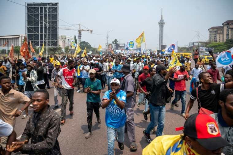 Des manifestants agitent des drapeaux lors d'une marche de l'opposition contre une modification de la Constitution, à Kinshasa, le 15 septembre 2026 ( AFP / Hardy BOPE )