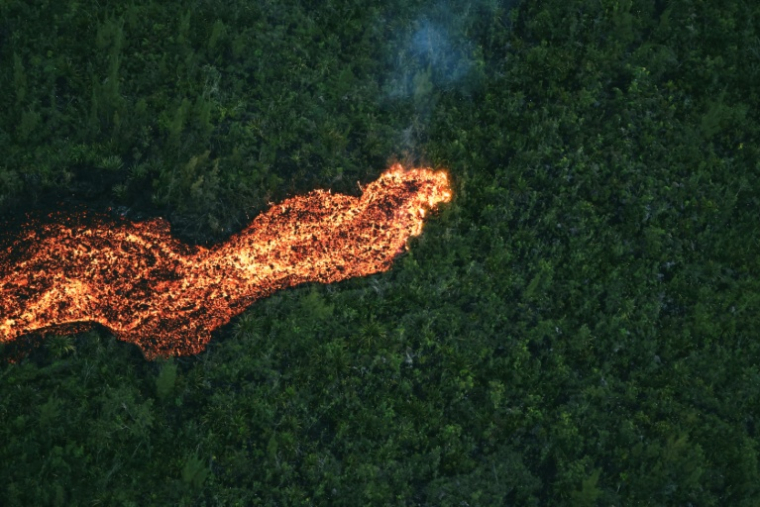 Vue aérienne d'une coulée de lave du Piton de la Fournaise, sur une zone boisée de l'île de La Réunion, le 12 mars 2026 ( AFP / Richard BOUHET )