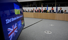 Conférence de presse de ministres de la Défense de l'Otan, à Bruxelles, le 12 février 2026 ( AFP / JOHN THYS )