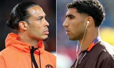 Photomontage du défenseur néerlandais Virgil van Dijk (gauche) et du capitaine du Maroc Achraf Hakimi qui s'affrontent le 29 juin 2026 à Monterrey (Mexique) ( AFP / Franck FIFE )