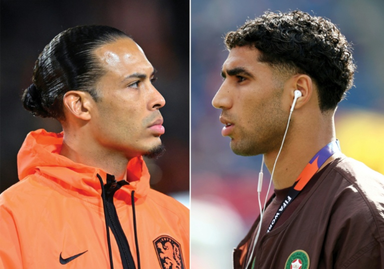 Photomontage du défenseur néerlandais Virgil van Dijk (gauche) et du capitaine du Maroc Achraf Hakimi qui s'affrontent le 29 juin 2026 à Monterrey (Mexique) ( AFP / Franck FIFE )