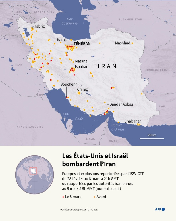 Carte d'Iran localisant des frappes et explosions répertoriées par l'Institute for the Study of War and AEI's Critical Threats Project, au 8 mars à 21h GMT, ou rapportées par les autorités iraniennes au 9 mars à 9h GMT (non exhaustif), depuis le 28 février, début de la guerre des États-Unis/Israël et de l'Iran ( AFP / Luca MATTEUCCI )