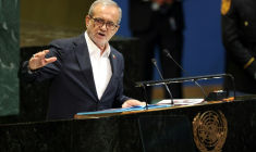 Le président iranien Massoud Pezeshkian lors de l'Assemblée général de l'ONU, le 24 septembre 2025 à New York ( AFP / ANGELA WEISS )
