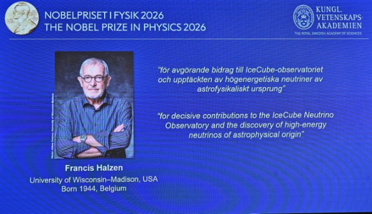 Une photo du lauréat du prix Nobel de Physique, édition 2026, Francis Halzen, à Stockholm, le 6 octobre 2026 ( TT NEWS AGENCY / Christine OLSSON )