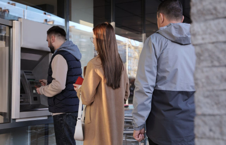 (Crédits photo : Adobe Stock - clients attendant devant un distributeur de billets)