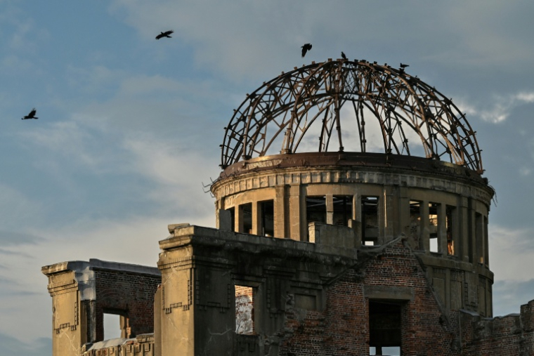 Des oiseaux volent au-dessus du dôme de la bombe atomique, le 5 août 2025 à Hiroshima au Japon ( AFP / Richard A. Brooks )