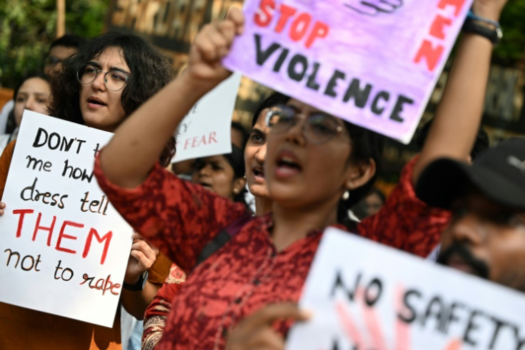 Des professionnels de santé et des étudiants lors d'une manifestation organisée à New Delhi le 21 août 2024 pour dénoncer le viol et le meurtre d'une médecin dans l'État indien du Bengale-Occidental ( AFP / Sajjad HUSSAIN )