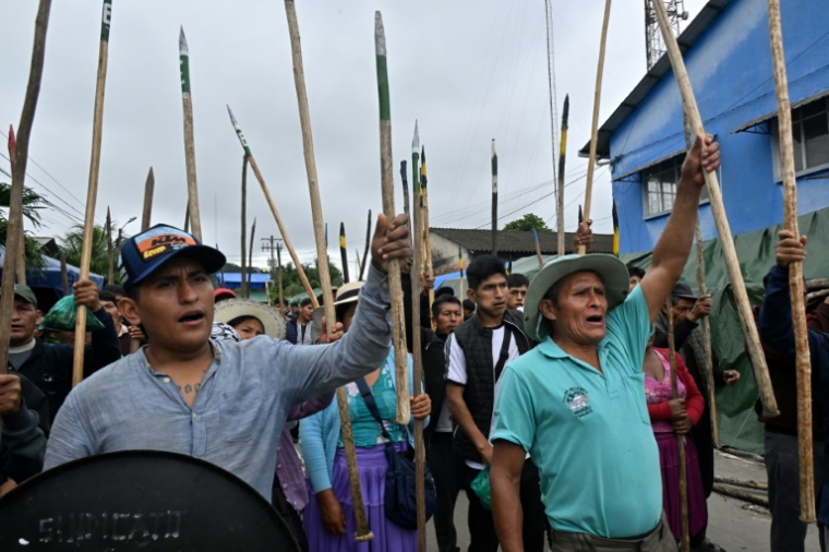 Des partisans de l'ancien président bolivien Evo Morales à Lauca Eñe, dans la provice du Chaparen en Bolivie, le 27 avril 2025 ( AFP / AIZAR RALDES )