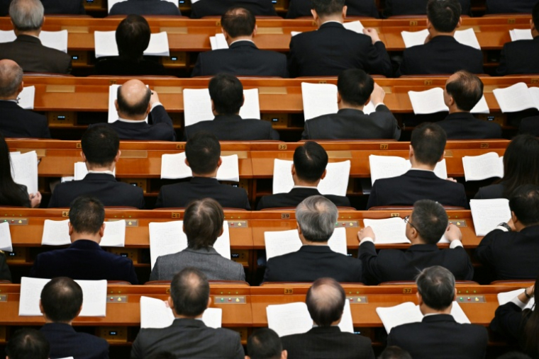 Des délégués lors d'une séance plénière de l’Assemblée nationale populaire (ANP) au Grand hall du peuple à Pékin, le 9 mars 2024 ( AFP / GREG BAKER )