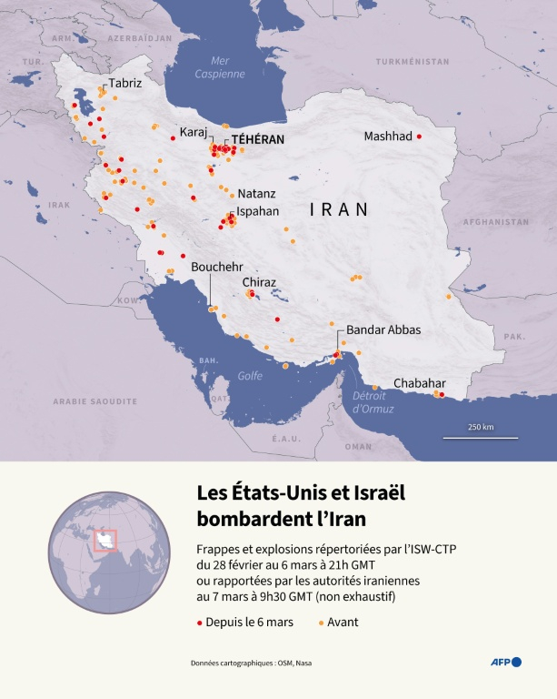 Carte d'Iran localisant des frappes et explosions répertoriées par l'Institute for the Study of War and AEI's Critical Threats Project, au 6 mars à 21h GMT, ou rapportées par les autorités iraniennes au 7 mars à 9h30 GMT (non exhaustif), depuis le 28 février, début de la guerre des États-Unis/Israël et de l'Iran ( AFP / Luca MATTEUCCI )