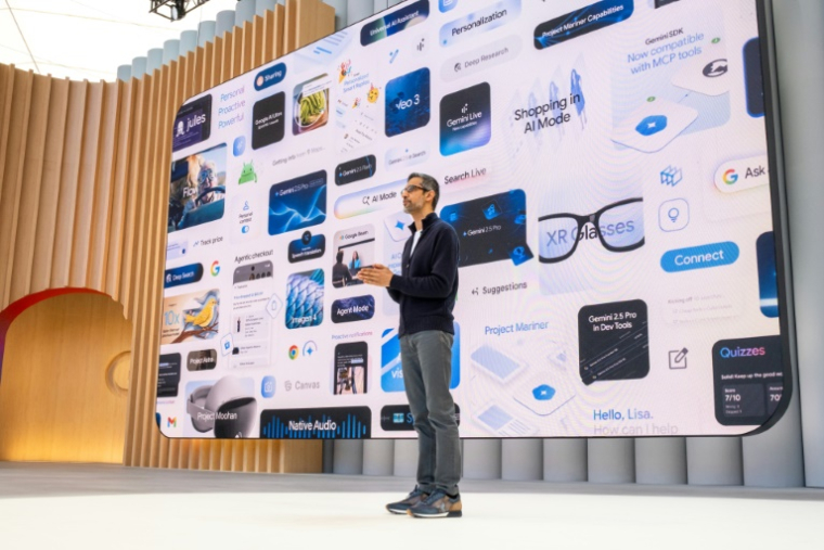 Le PDG de Google, Sundar Pichai, lors de la conférence annuelle des développeurs I/O de Google à Mountain View, en Californie, le 20 mai 2025 ( AFP / Camille Cohen )