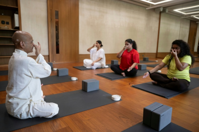 Varun Veer (g), fondateur de Lifeyoga, fait une démonstration de "Pranayama" lors d'une séance dans son studio de New Delhi, le 19 juin 2026 en Inde ( AFP / Arun SANKAR )