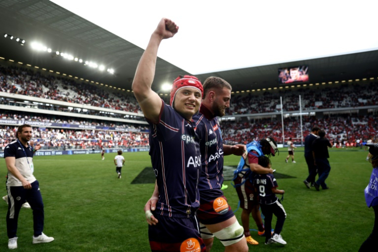 L'ailier de Bordeaux-Bègles Louis Bielle-Biarrey après la victoire en demi-finale de Champions Cup contre Toulouse, le 4 mai 2025 à Bordeaux ( AFP / ROMAIN PERROCHEAU )