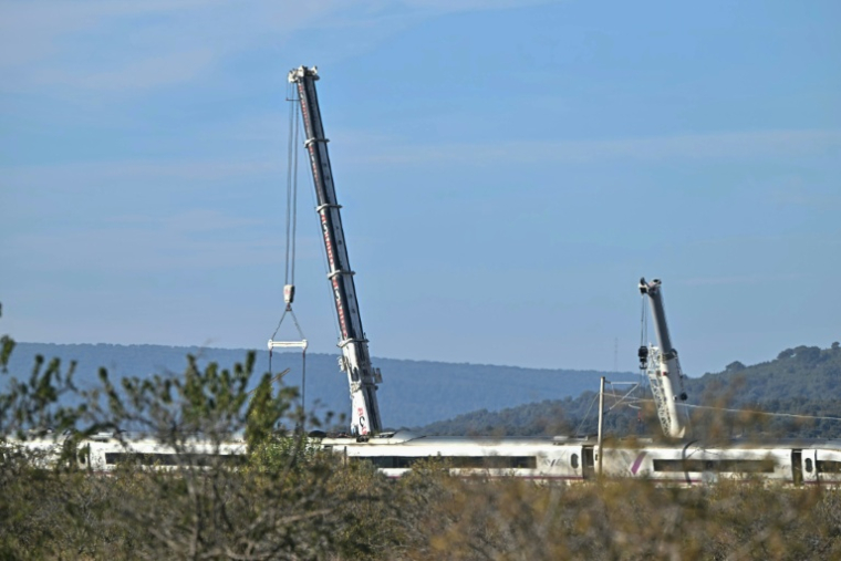 Des grues pour déplacer les wagons endommagés au lendemain d'une collision entre deux trains à grande vitesse, entre Urda et Los Yebenes, dans la province de Tolède, le 29 octobre 2026 en Espagne ( AFP / Javier SORIANO )