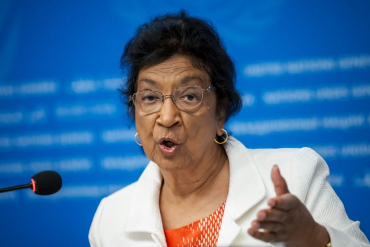 Navi Pillay, présidente de la commission d'enquête internationale mandatée par l'Onu, Genève, le 16 septembre 2025 ( AFP / Fabrice COFFRINI )