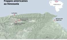 Carte du Venezuela montrant les endroits ciblés par des frappes américaines, à Caracas, La Guaira et Higuerote ( AFP / Patricio ARANA )