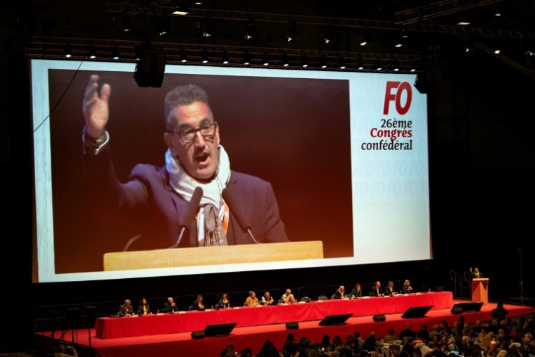 Le secrétaire général de FO, Frédéric Souillot, à Dijon le 20 avril 2026 ( AFP / ARNAUD FINISTRE )