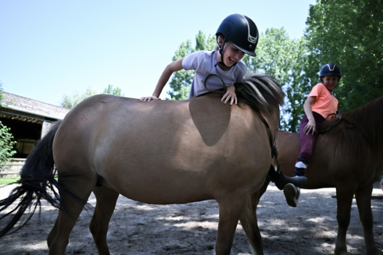 Un enfant tente de monter sur un poney dans la ferme équestre de Bois Guilbert, en Seine-Maritime, le 1er juillet 2025 ( AFP / Lou BENOIST )