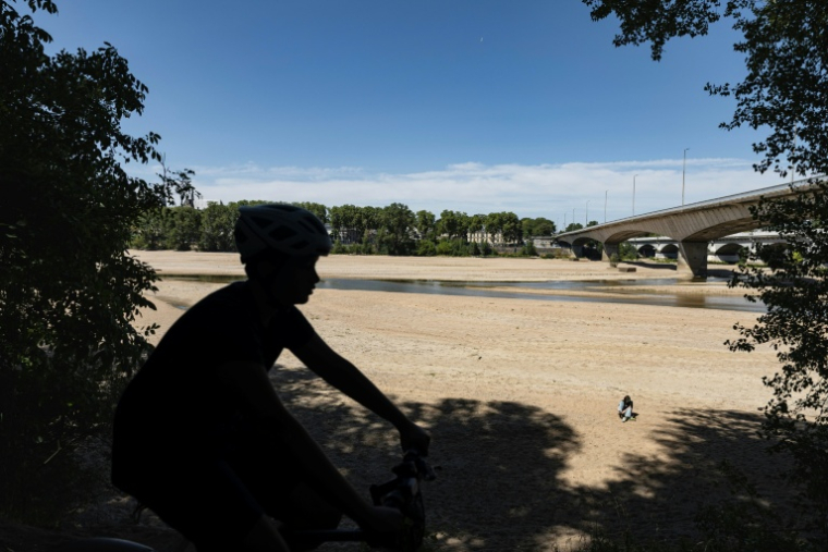 Un cycliste le long de la Loire en partie asséchée à Orléans le 20 juillet 2026 ( AFP / Alain JOCARD )