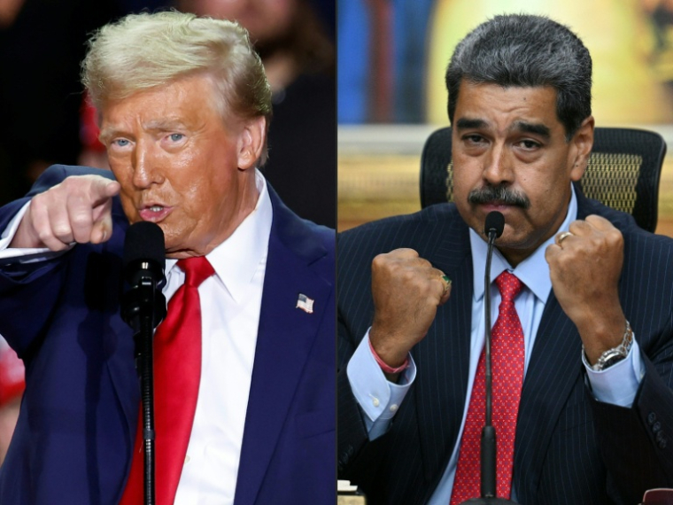 Montage photographique des des présidents américain Donald Trump (G), le 5 novembre 2024 dans le Michigan, et vénézuélien, Nicolas Maduro, le 31 juillet 2024 à Caracas  ( AFP / KAMIL KRZACZYNSKI )
