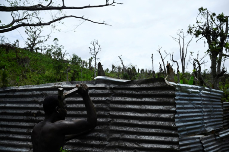 Un homme reconstruit un étable à vaches détruit par le cyclone Chido, le 4 janvier 2025 à Bandraboua, à Mayotte ( AFP / JULIEN DE ROSA )