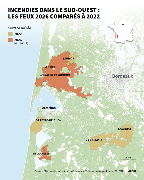 Carte comparant les zones brûlées en Gironde et dans les Landes en 2022 et 2026, selon les données Effis au 3 août 2026 ( AFP / Jean-Michel CORNU )