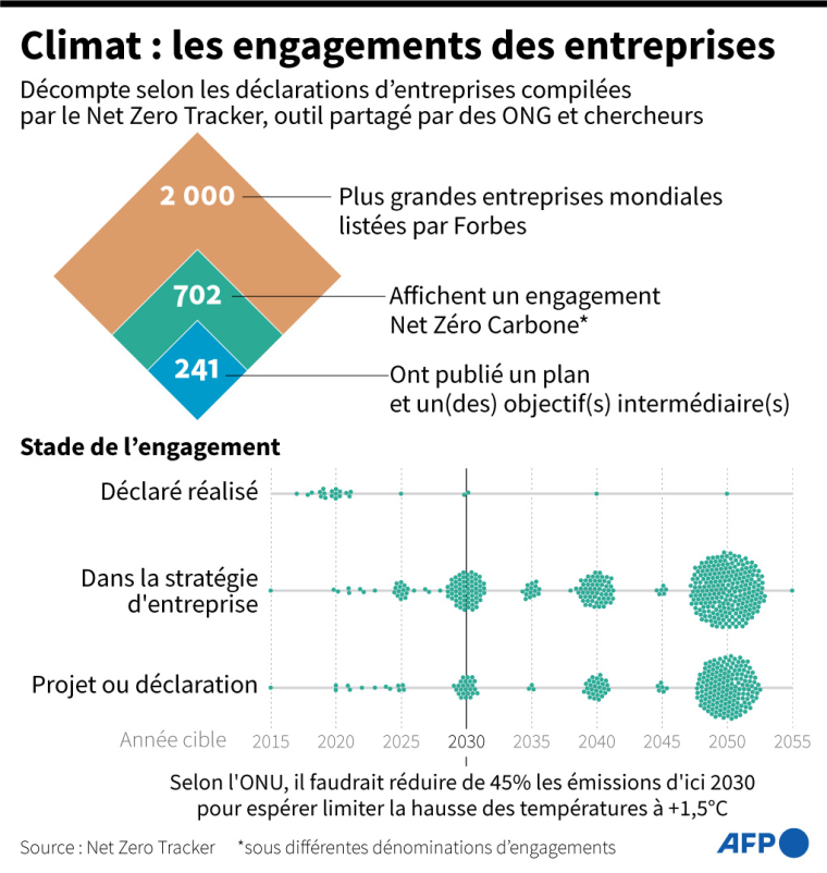 Graphiques montrant les niveaux d'engagements des 2 000 plus grandes entreprises mondiales en faveur de trajectoires zéro carbone ( AFP / )