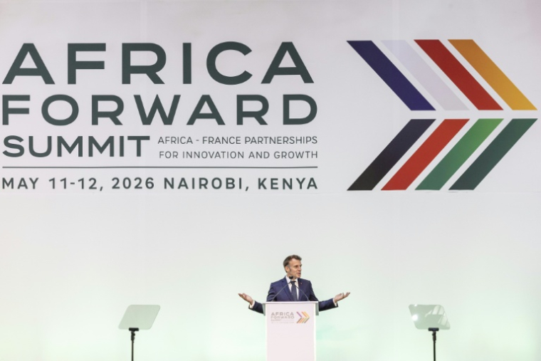 Le président français Emmanuel Macron lors du sommet Africa Forward (En avant l'Afrique) à Nairobi, le 12 mai 2026 ( AFP / Tony KARUMBA )