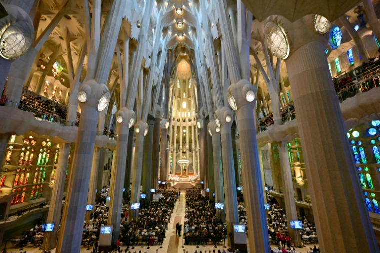 Des participants attendent l'arrivée du pape Léon XIV pour la messe solennelle célébrée dans la basilique de la Sagrada Familia et l'inauguration de la tour Jésus-Christ, le 10 juin 2026 à Barcelone, en Espagne ( AFP / Stefano RELLANDINI )
