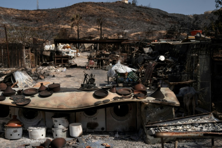 Des poteries dans la cour d'une maison située dans un paysage calciné sont visibles après un incendie de forêt ayant coûté la vie à au moins 12 personnes, à Bedar (province d'Almería), le 11 juillet 2026 ( AFP / JORGE GUERRERO )
