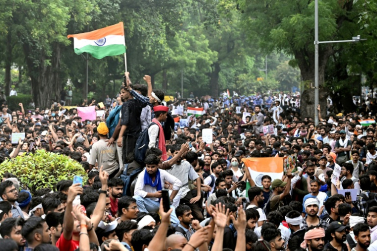 Des militants et sympathisants du "Parti du peuple des cafards" (CJP)  manifestent pour réclamer la démission du ministre de l'Éducation, Dharmendra Pradhan, en raison de fraudes présumées lors d'examens universitaires, le 20 juillet 2026 à New Delhi, en Inde ( AFP / Arun SANKAR )
