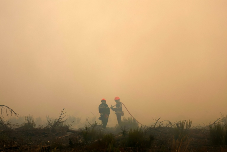 Des pompiers dans la fumée du mégafeu en Gironde, le 26 juillet 2026 à Arès ( AFP / ROMAIN PERROCHEAU )