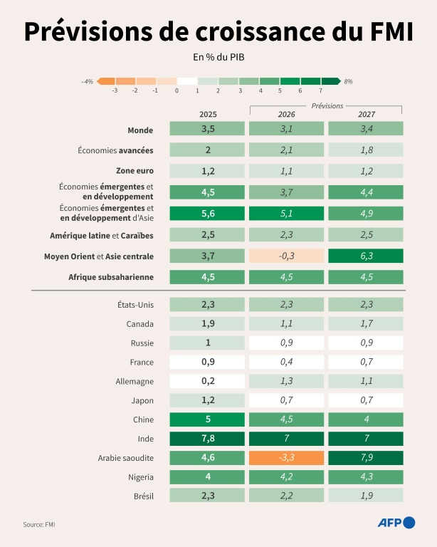 Prévisions du taux de croissance en 2026 et 2027, en % du PIB, du Fonds Monétaire International, comparé à 2025, pour une sélection de régions et de pays. ( AFP / John SAEKI )