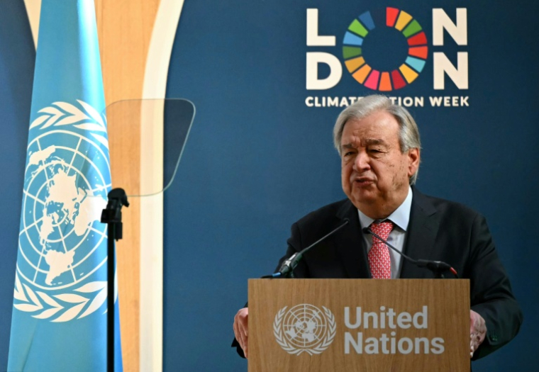 Le secrétaire général de l'ONU, Antonio Guterres, lors d'un discours à la London Climate Action Week à Londres, le 23 juin 2026 ( AFP / JUSTIN TALLIS )