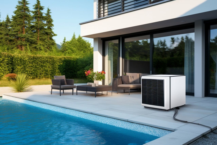 (Crédits photo : Adobe Stock - Maison moderne dotée d'équipements extérieurs : piscine, salon de jardin et pompe à chaleur air)
