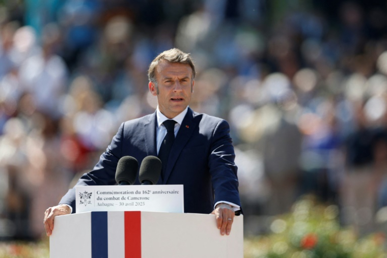 Le président Emmanuel Macron lors d'une cérémonie militaire commémorant la bataille de Camerone, à Aubagne, le 30 avril 2025 dans les Bouches-du-Rhône ( POOL / Manon Cruz )