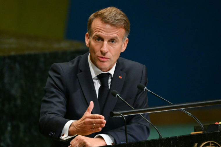 Emmanuel Macron devant l'assemblée générale des Nations unies, à New York, le 22 septembre 2026 ( AFP / ANGELA WEISS )