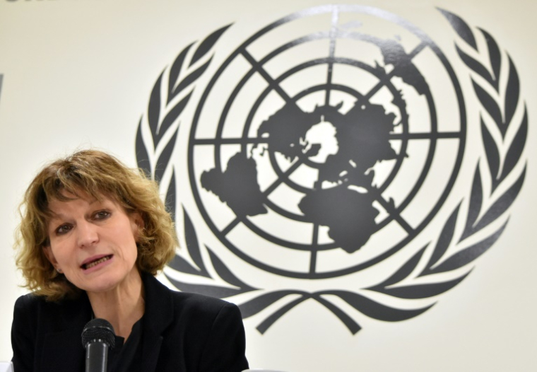 Agnès Callamard, alors rapporteuse spéciale des Nations unies sur les exécutions extrajudiciaires, lors d'une conférence de presse à San Salvador, le 5 février 2018 au Salvador ( AFP / MARVIN RECINOS )