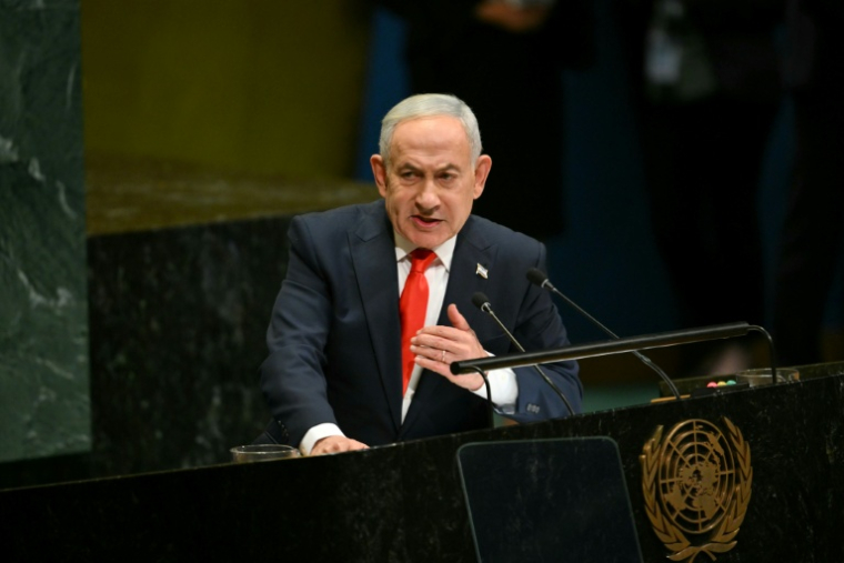 Le Premier ministre israélien Benjamin Netanyahu à la tribune de l'ONU, le 24 septembre 2026 à New York ( AFP / ANGELA WEISS )