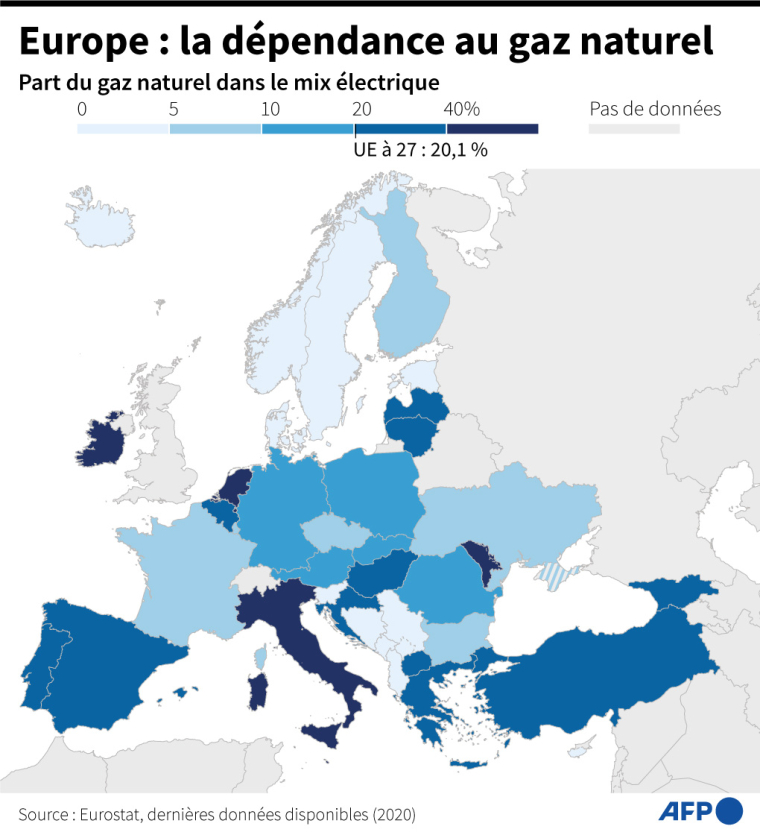 Carte d'Europe représentant la part du gaz naturel dans le mix énergétique de chaque État en 2020 ( AFP / )