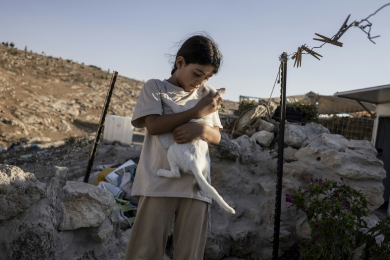 Hadeel, une jeune Palestinienne, serre dans ses bras son chat, Lulu, devant la grotte que sa famille a transformée en foyer dans le village d'Al-Tuwani, en Cisjordanie occupée par Israël, le 11 septembre 2026 ( AFP / John WESSELS )