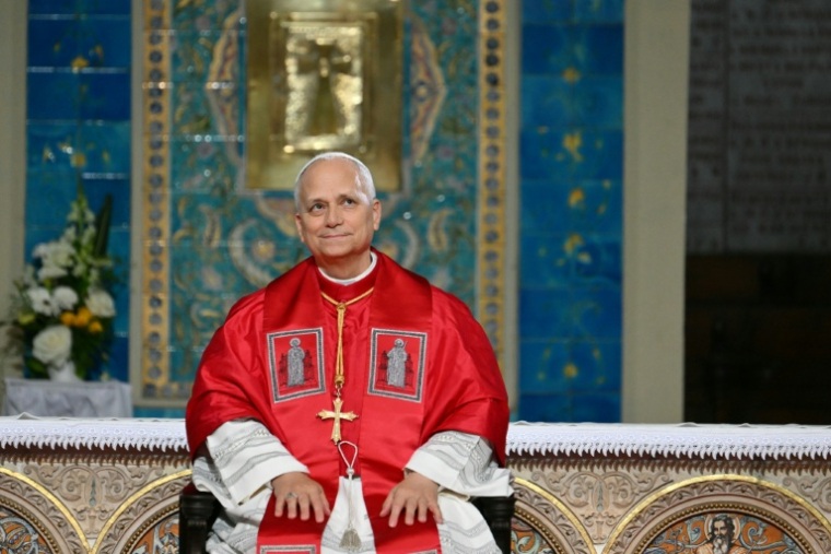 Le pape Léon XIV lors d'une rencontre avec la communauté algérienne à la basilique Notre-Dame d'Afrique, à Alger, le 13 avril 2026 ( AFP / Alberto PIZZOLI )