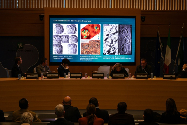 Le paléontologue du Musée d'histoire naturelle de Milan, Cristiano Dal Sasso (à droite), commente des photos sur un écran lors d'une conférence de presse visant à présenter la découverte de milliers d'empreintes de dinosaures dans le parc national du Stelvio, en Italie, près des zones qui accueilleront les Jeux olympiques d'hiver Milan-Cortina 2026, à Milan, le 16 décembre 2025. On estime que ces empreintes appartiennent à des dinosaures prosauropodes du Trias supérieur, datant de 210 millions d'années. ( AFP / Piero CRUCIATTI )