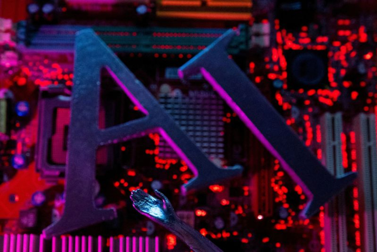 L'illustration montre des lettres AI (Artificial Intelligence) et une main de robot