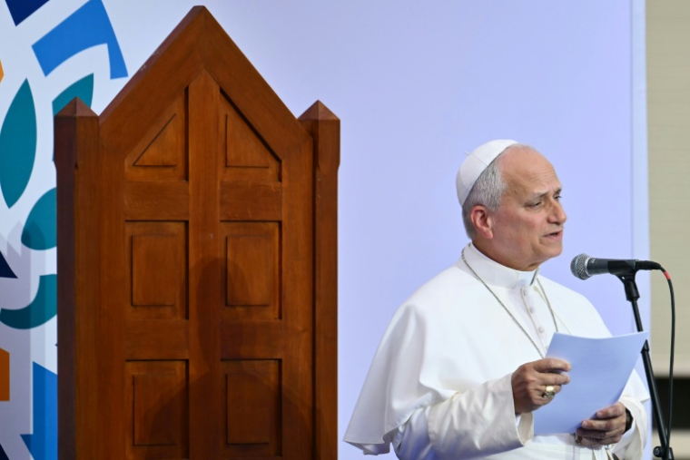 Le pape Léon XIV s'exprime lors de sa visite au sanctuaire de Lourdes, le 27 septembre 2026  ( AFP / Alberto PIZZOLI )