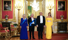 (g-d) La reine Camilla, le roi Charles III, le président américain Donald Trump et son épouse Melania Trump avant un banquet d'État au château de Windsor, le 17 septembre 2025 à Windsor ( POOL / Doug MILLS )