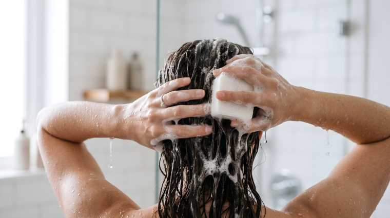Entre d&eacute;fis de formulation et habitudes tenaces, le shampoing solide peine &agrave; s&rsquo;imposer durablement. (cr&eacute;dit: Adobe Stock/photo g&eacute;n&eacute;r&eacute;e par IA)