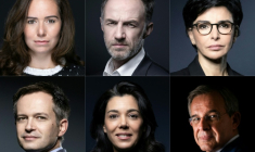 Les candidats à la mairie de Paris (de h. en b. et de g. à d.) : Sarah Knafo (Reconquête !), Emmanuel Grégoire (Parti socialiste), Rachida Dati (Les Républicains), Pierre-Yves Bournazel (Horizons), Sophia Chikirou (La France insoumise), Thierry Mariani (Rassemblement national) ( AFP / JOEL SAGET )